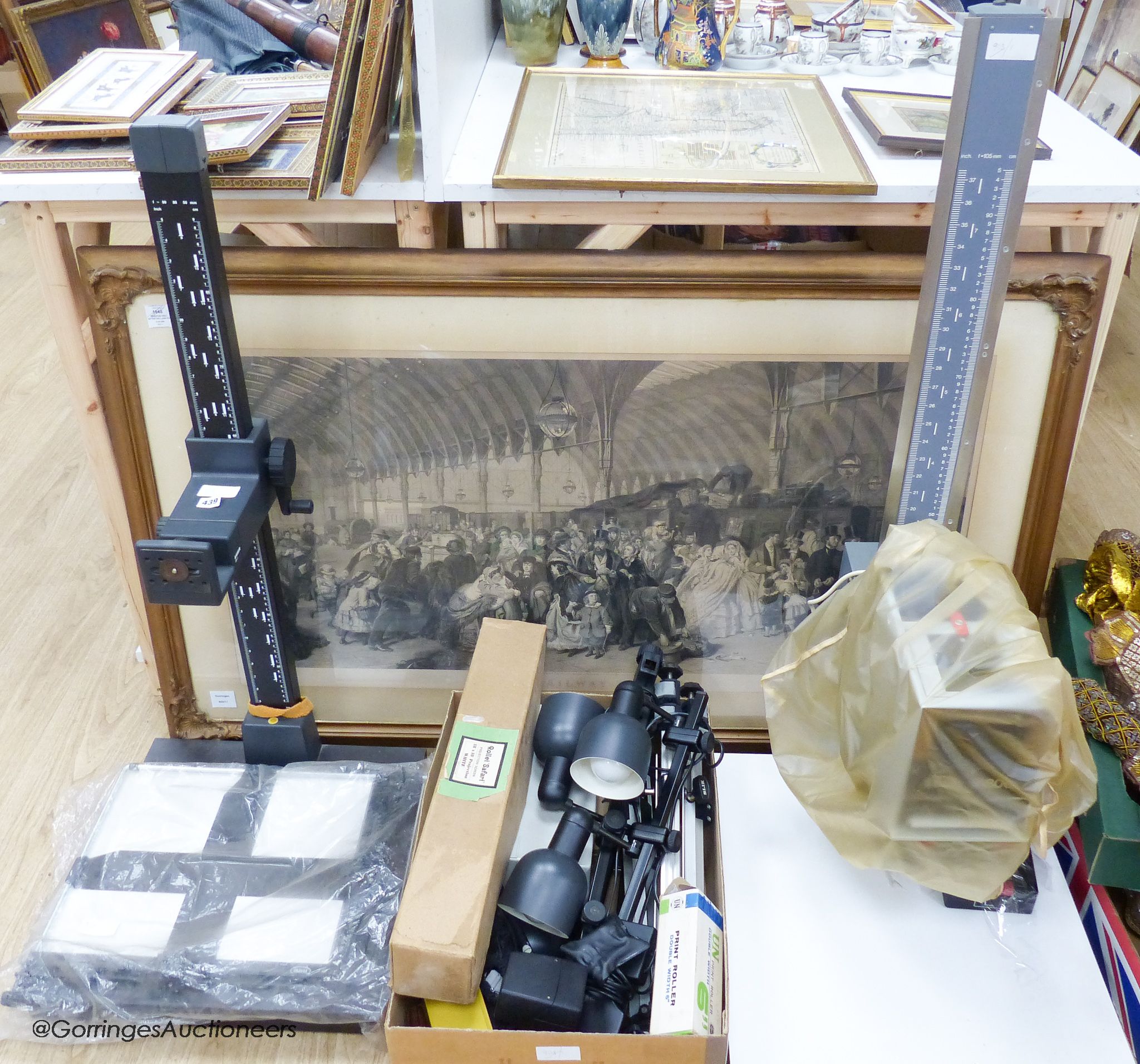A collection of 20th century photographic accessories to include a Durst M800 enlarger and base, a large Kaiser RS1 photographic copy stand and an associated stand by R.R.Beard Ltd, together with a Leitz projector, other